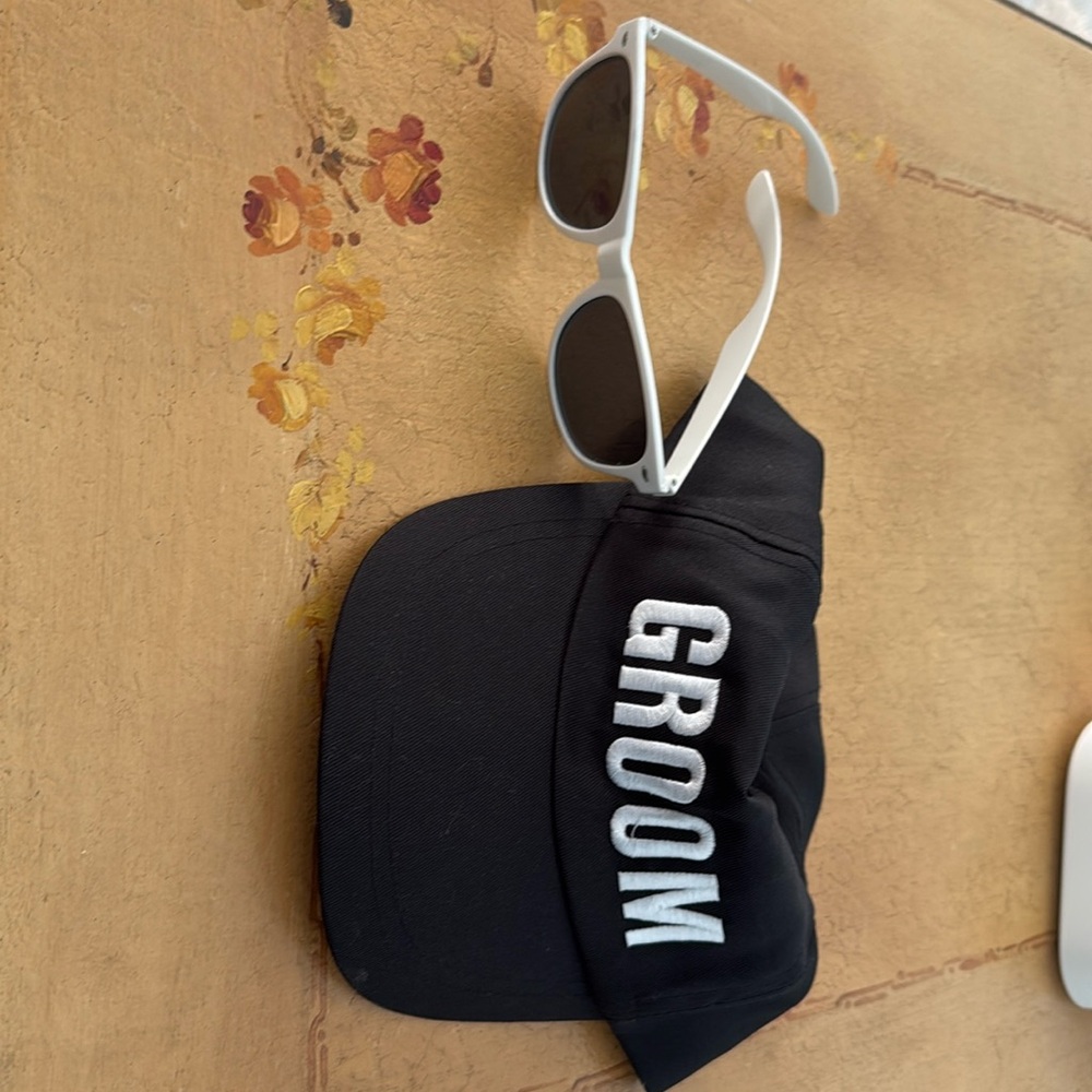Black Groom hat and white Groom sunglasses